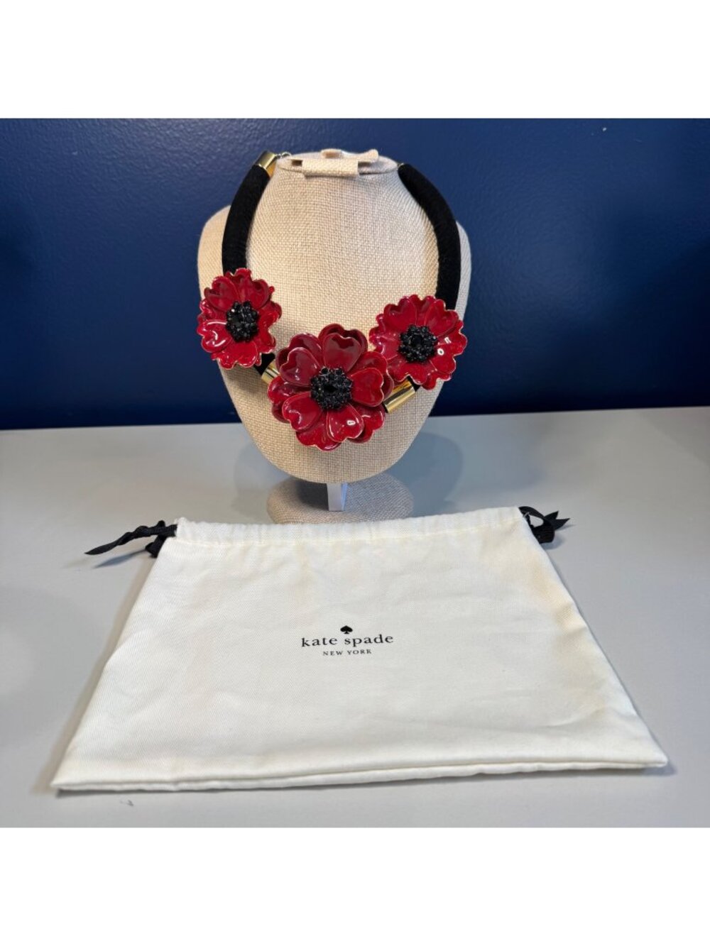 Kate Spade Red Flower Statement Necklace With Dust Bag - Bold Floral Design Blac